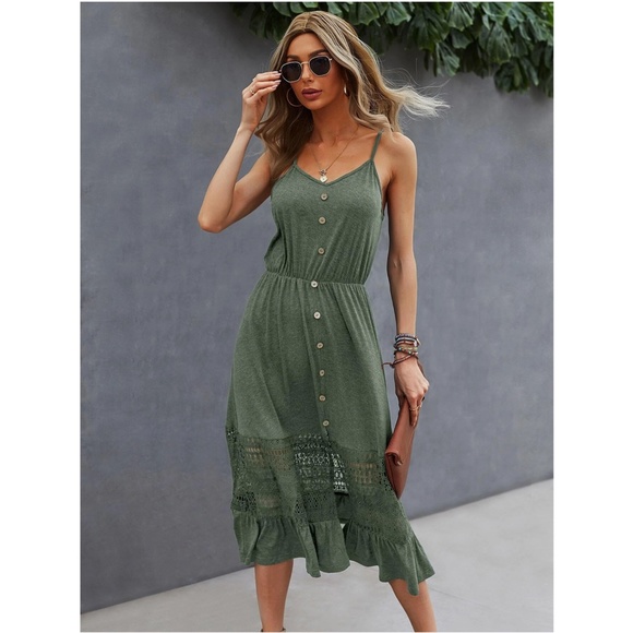 Green Midi Dress Fit and Flared Button Front Lace Detail Cami Top - Picture 5 of 8